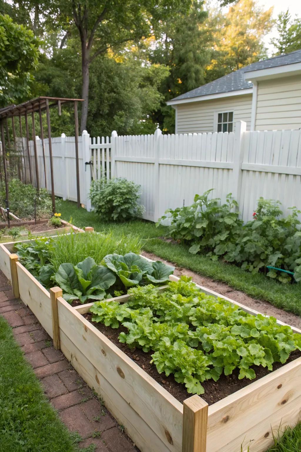 A compact raised bed flourishing with greenery.