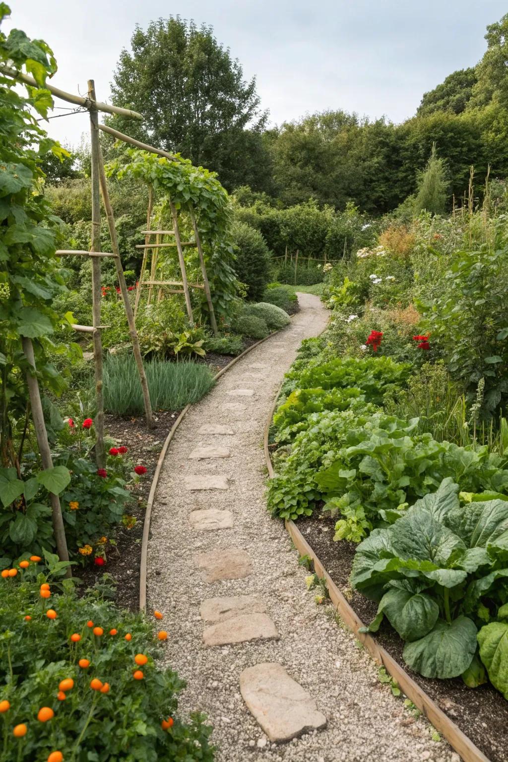 Stone and gravel paths add rustic charm to any vegetable garden.