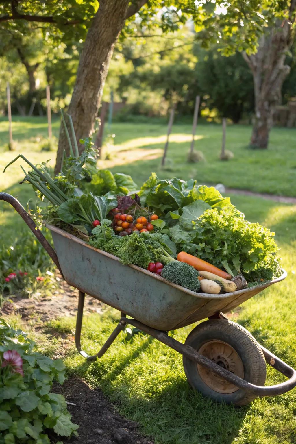 An upcycled wheelbarrow makes a charming and mobile vegetable planter.