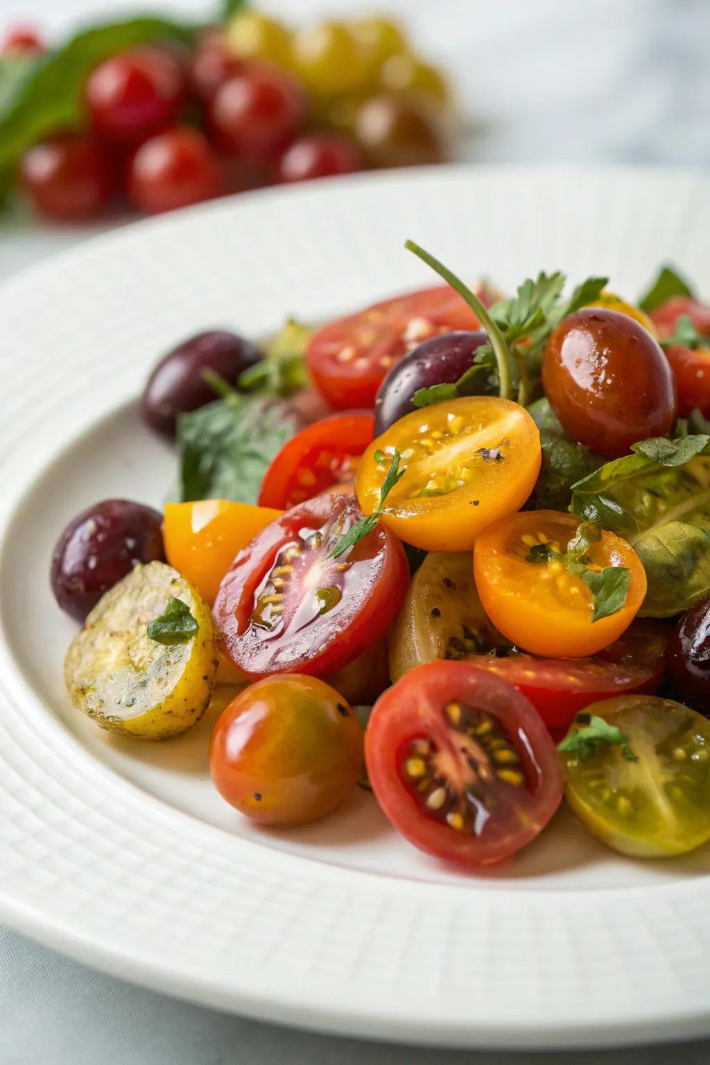 A vibrant mix of fresh tomatoes adds a colorful splash to any salad.