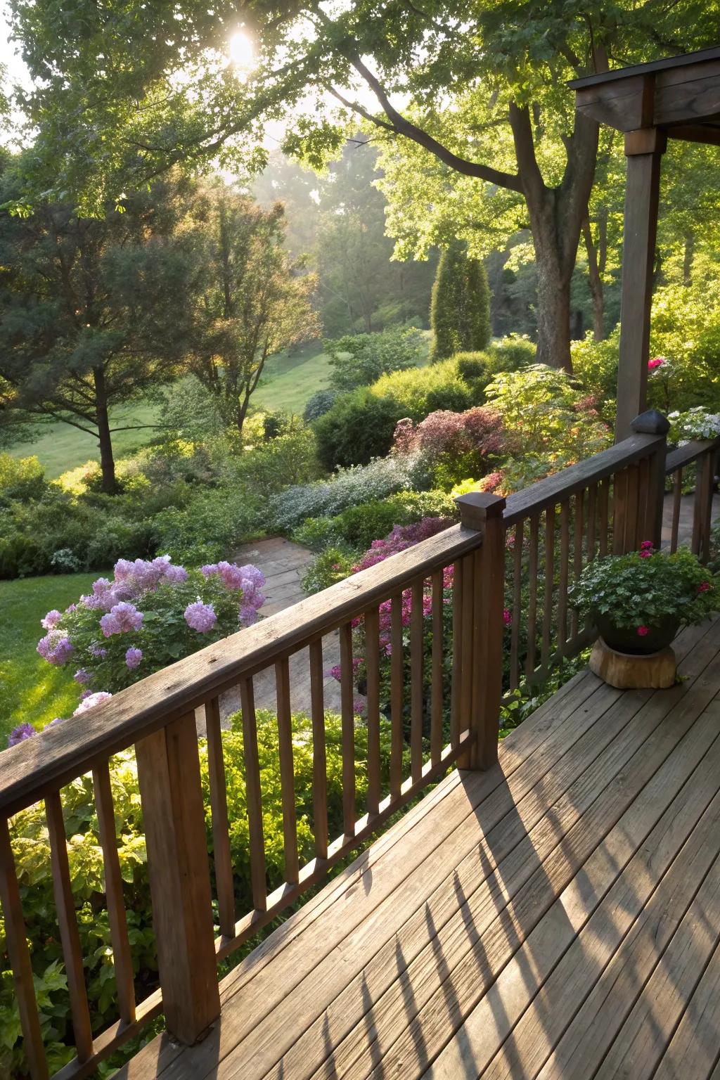 Classic wooden railings paired with a lush garden backdrop.