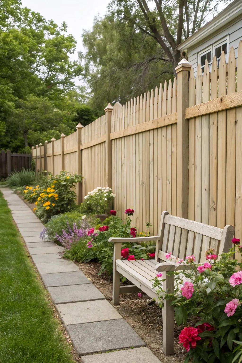 Classic wooden vertical slats bring timeless elegance to any yard.