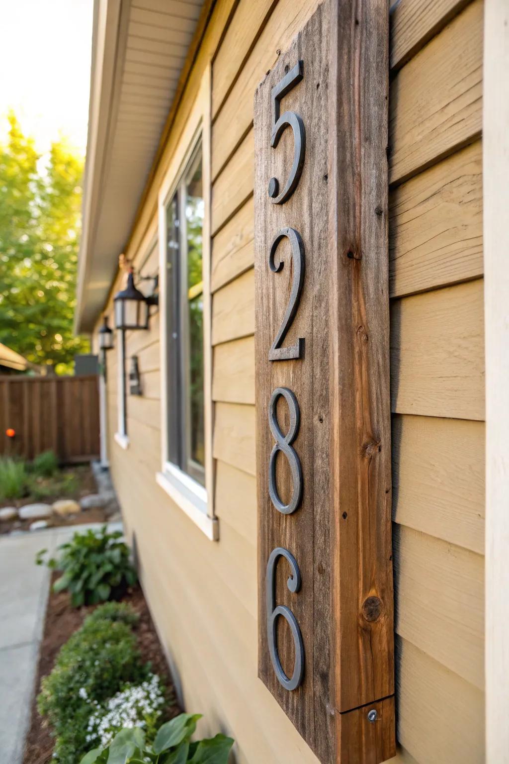 Vertical house numbers on a rustic wooden panel.