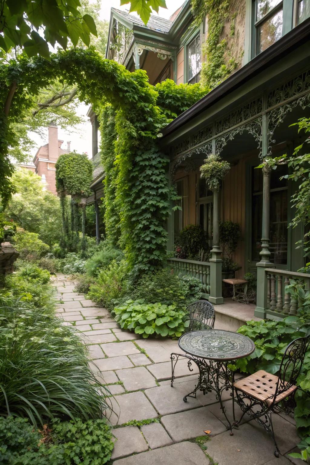 A Victorian patio immersed in greenery for a serene escape.
