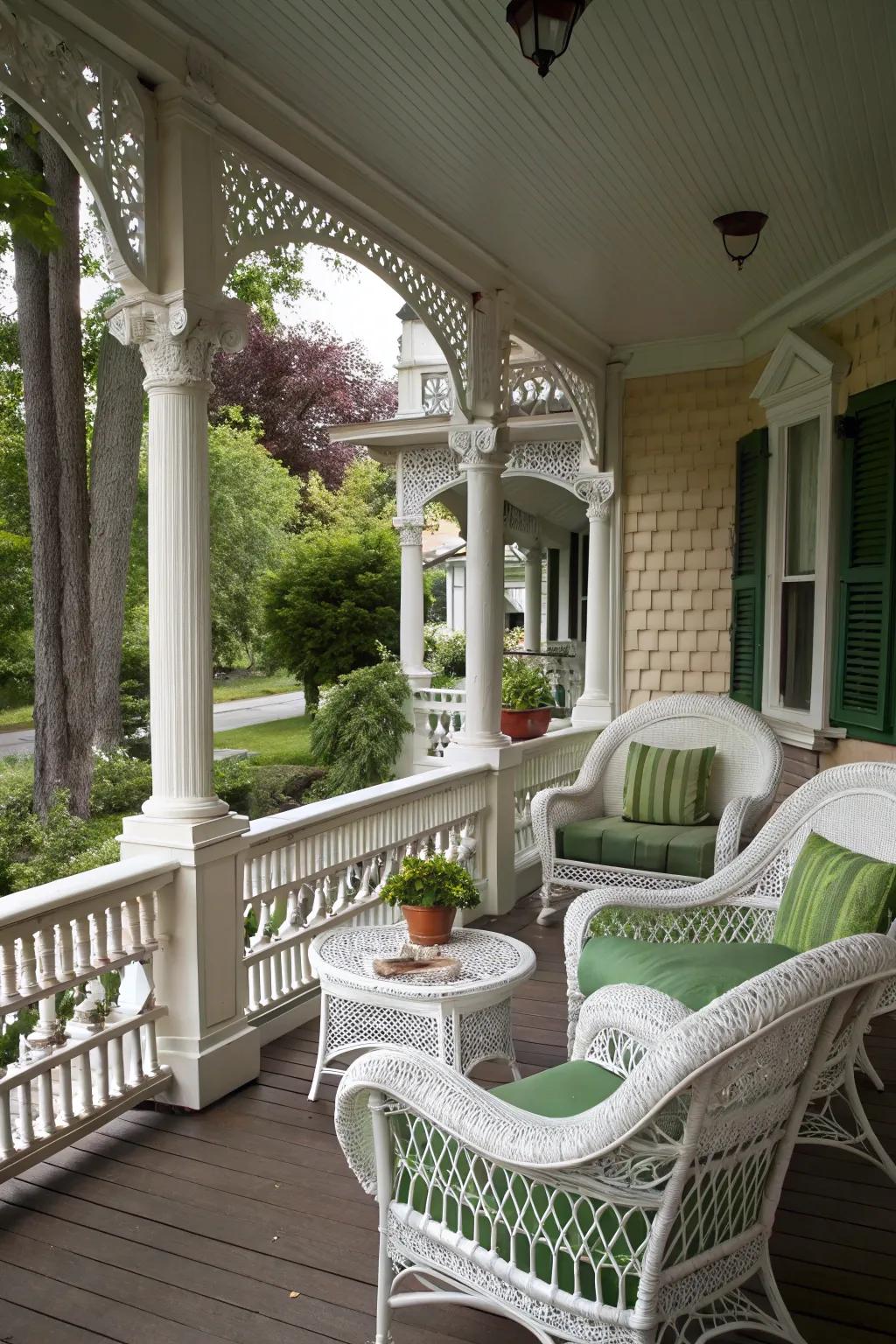 A Victorian porch featuring classic white wicker furniture with green cushions.