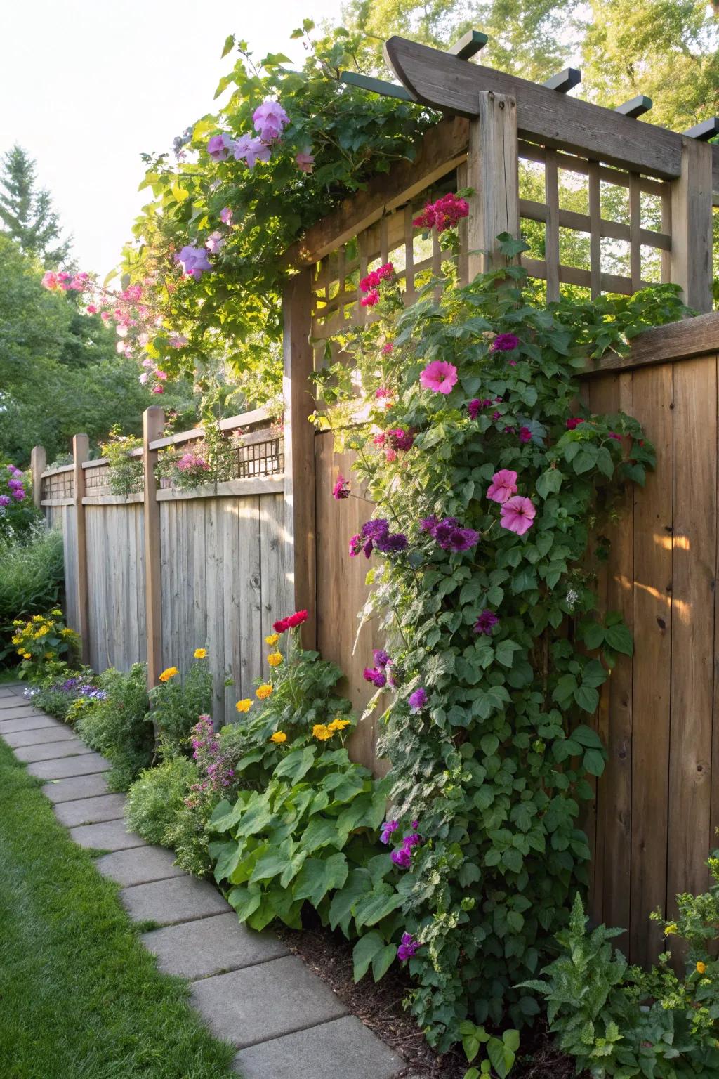 Wooden trellises transform fences into elegant vertical gardens.