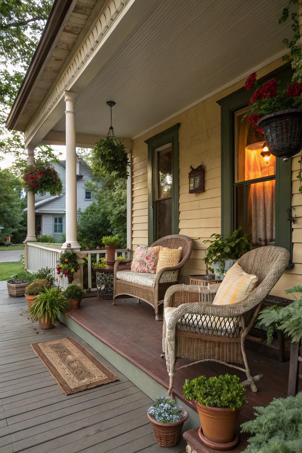 Wicker furniture adds a classic touch to any vintage porch.