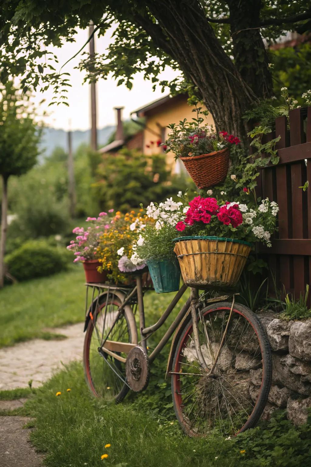 A vintage bicycle serving as a charming planter, with flowers spilling from its baskets.