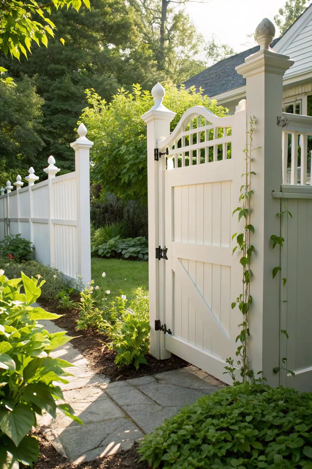 A classic white vinyl gate offers timeless elegance for any yard.