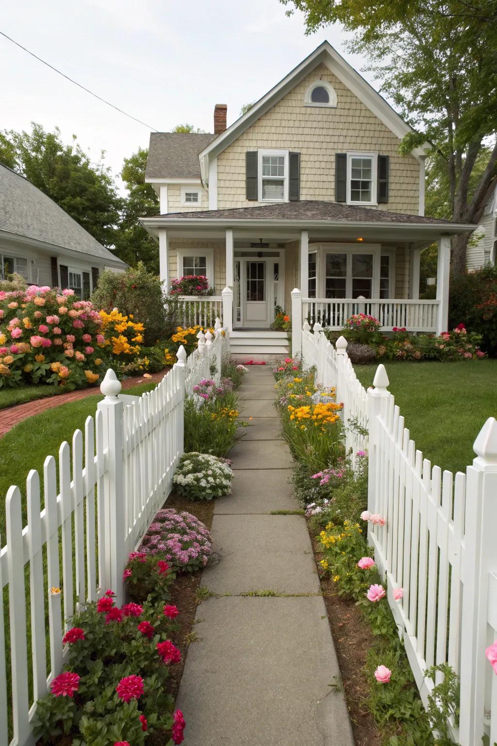 Classic white picket fences add timeless charm to any home.