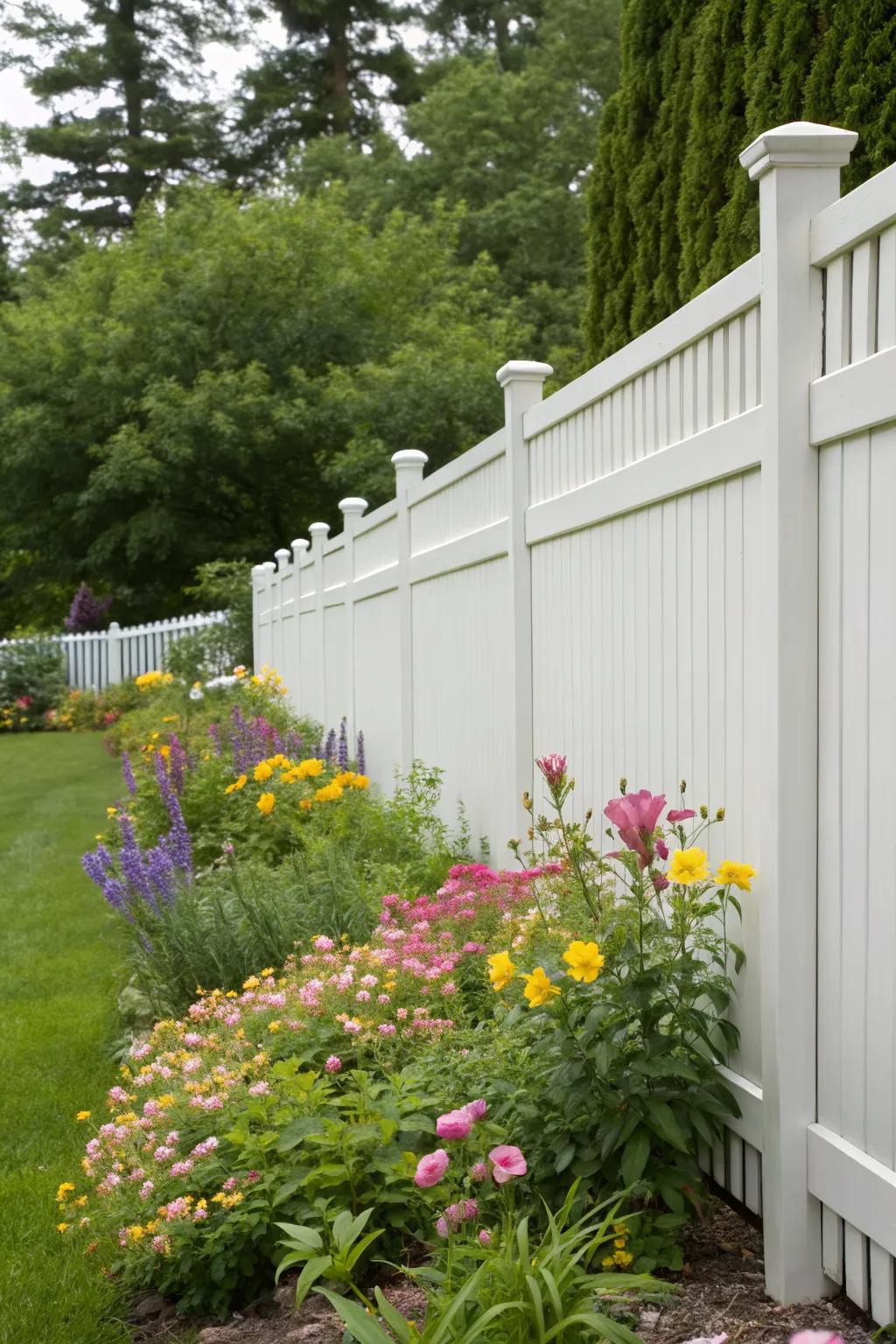 A classic white vinyl privacy fence adds timeless elegance to this vibrant garden.