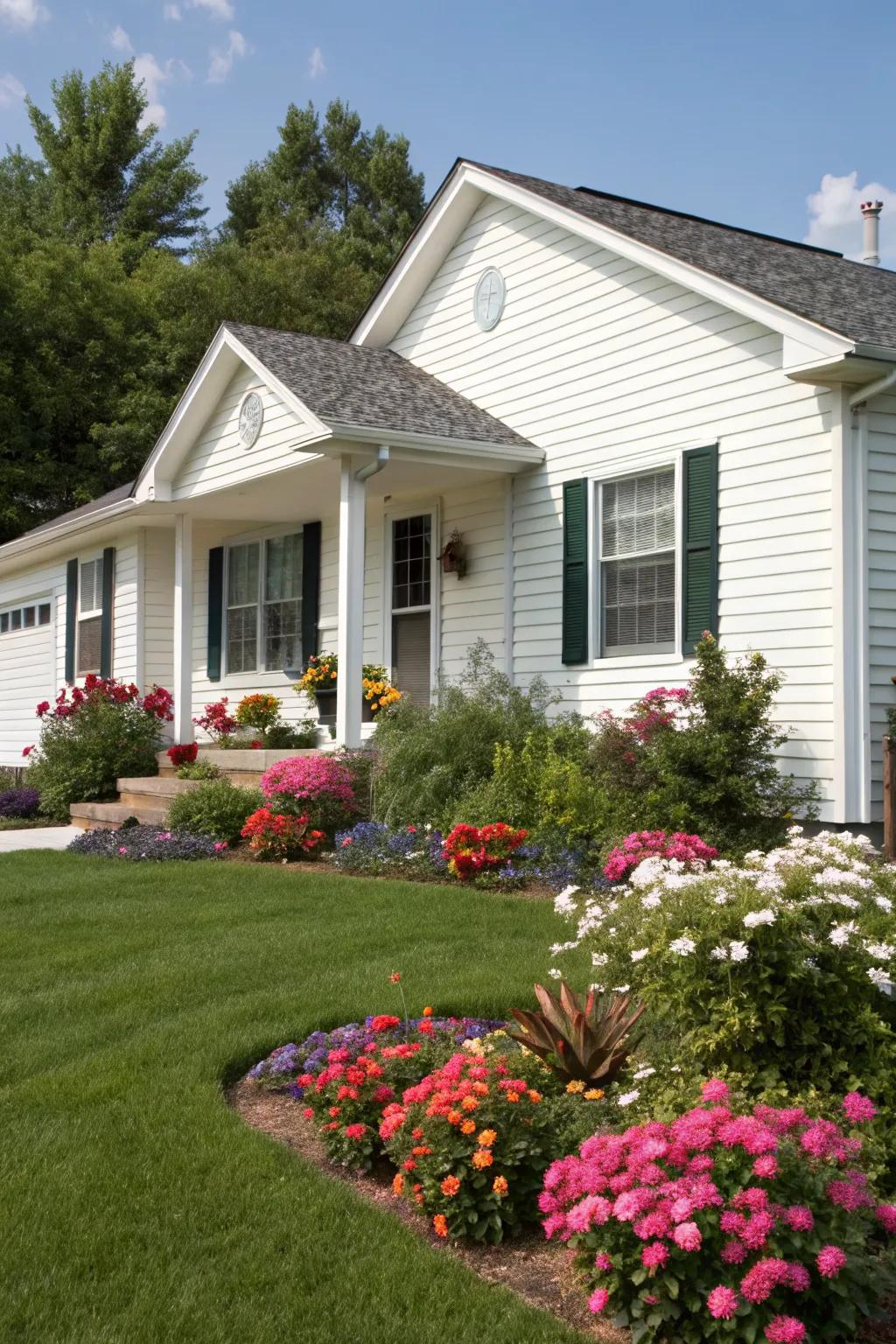 A ranch home adorned with classic white vinyl siding, complemented by a colorful garden.