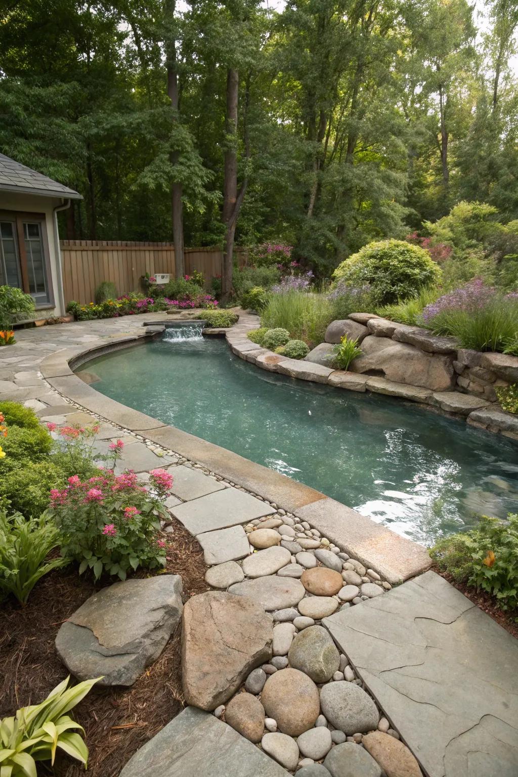 Natural stone surrounds this serene inground wading pool, blending harmoniously with nature.