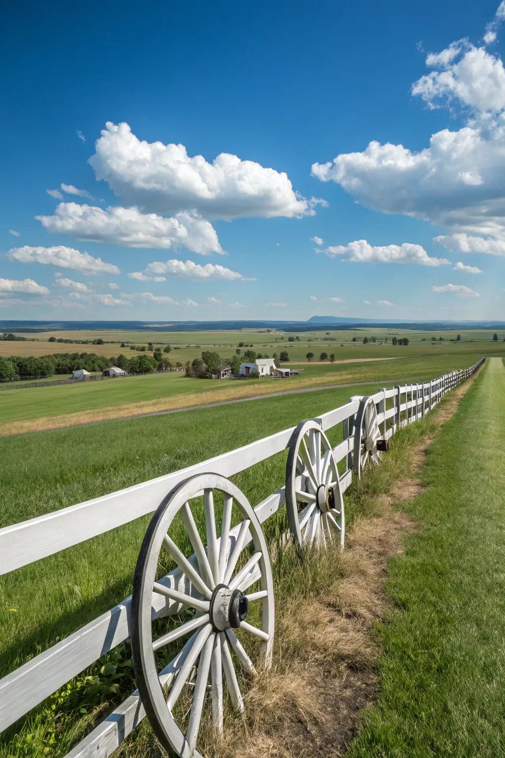 An elegant, classic wagon wheel fence in a serene country setting.