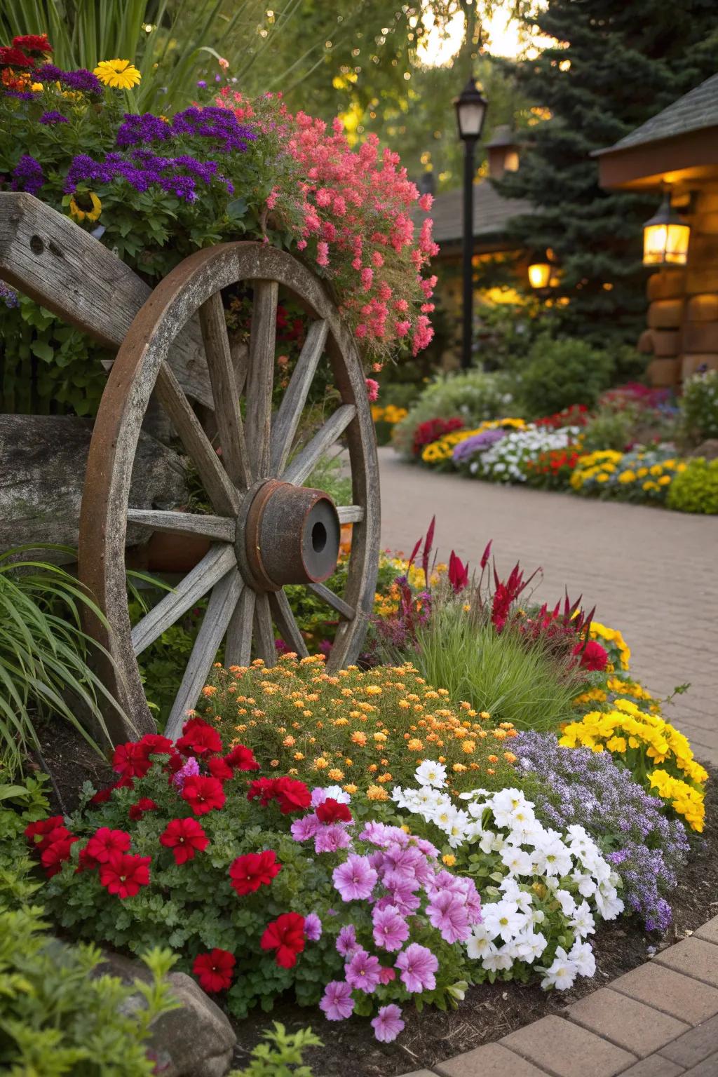 A wagon wheel as the centerpiece of a lively flower bed.