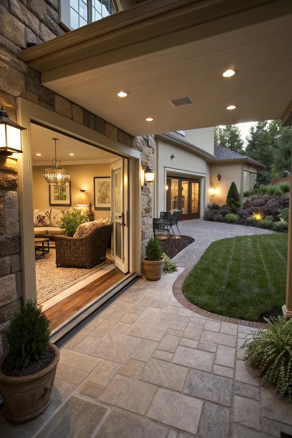 A seamless transition from indoor to outdoor with matching flooring, creating a cozy entertainment space.