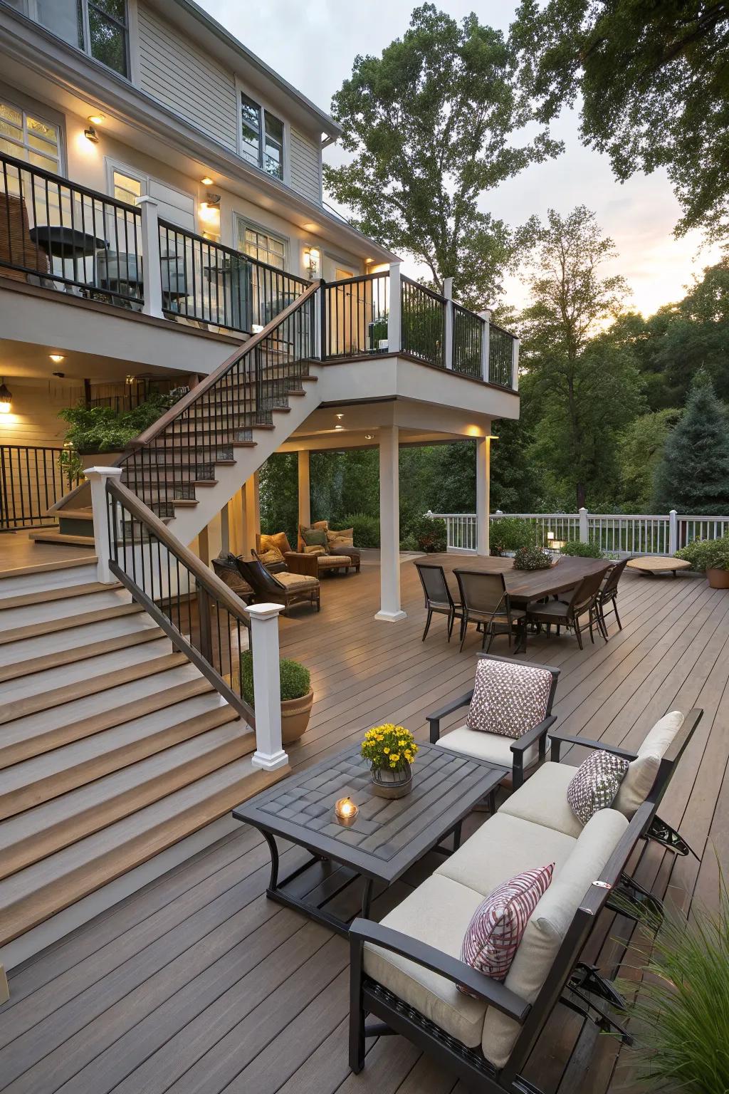 A multi-level deck design with integrated stairs and various seating areas.