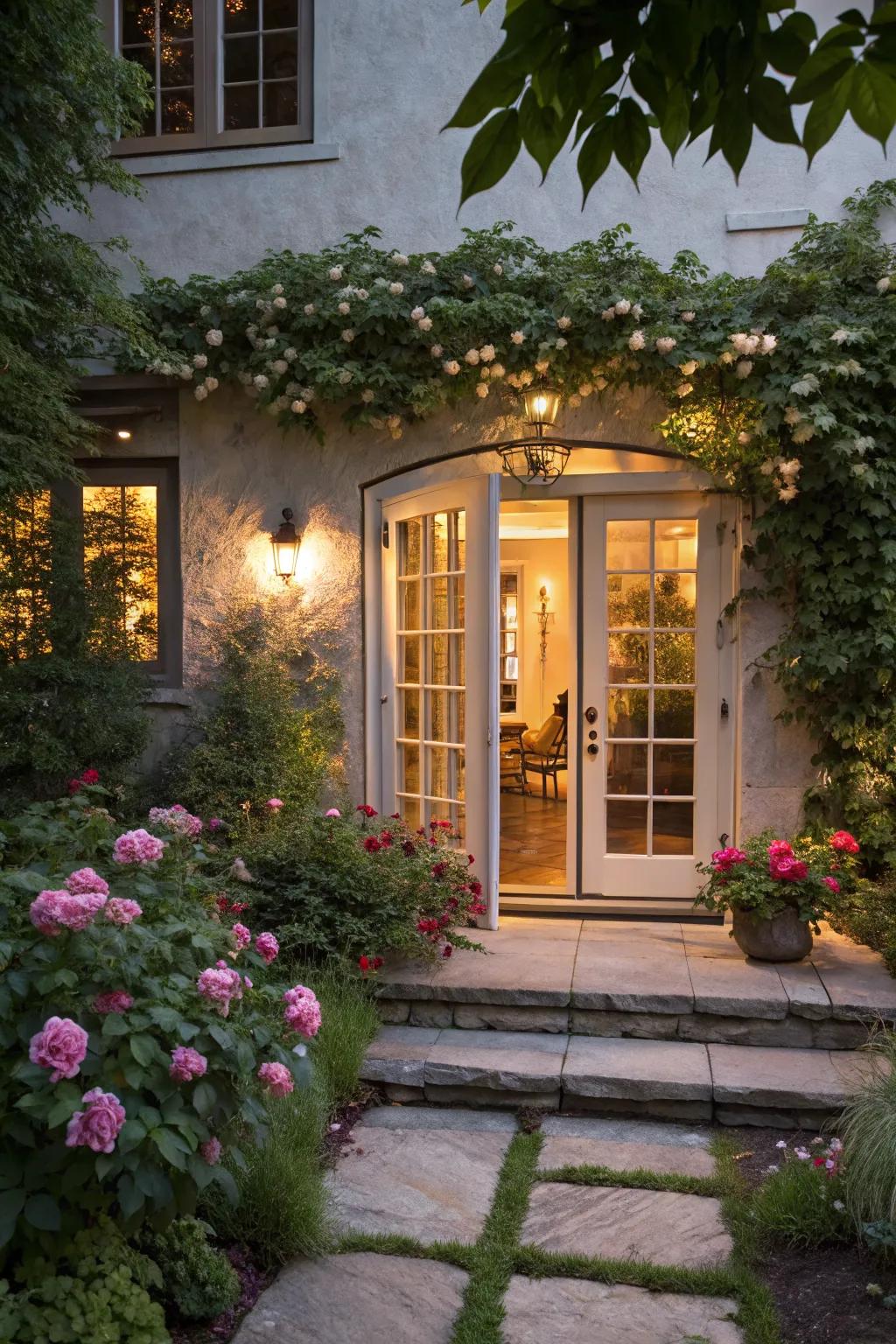 Elegant French doors create a warm and inviting walkout basement entrance.