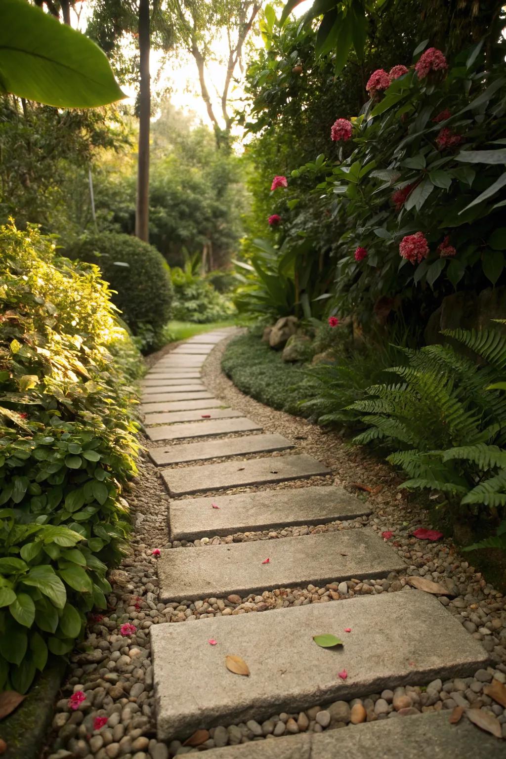 A classic stone and pebble path that adds elegance to any garden.