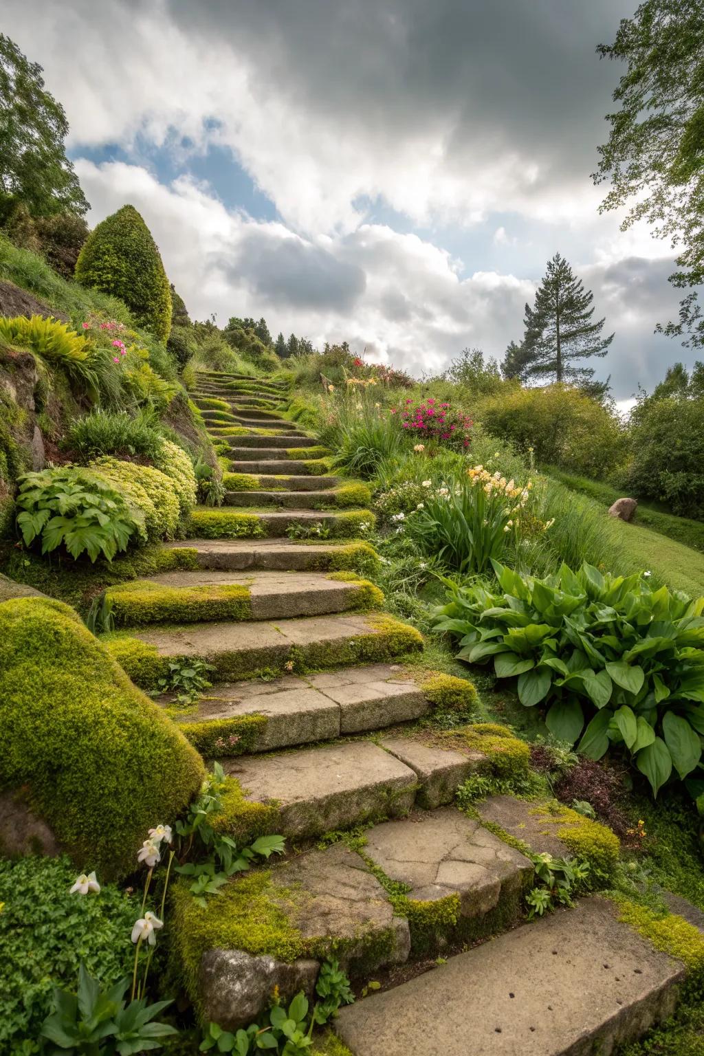 Stone steps nestled among greenery create a natural, inviting path.