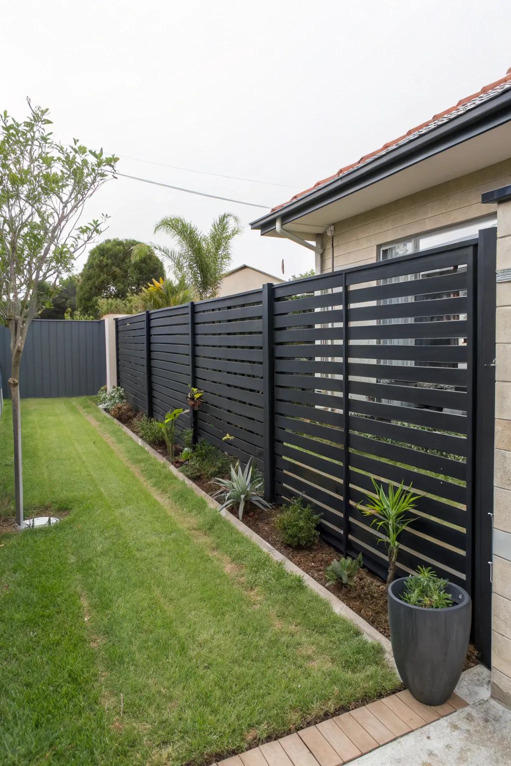 Embrace simplicity with a modern minimalist black horizontal slat fence for a chic and clean look.