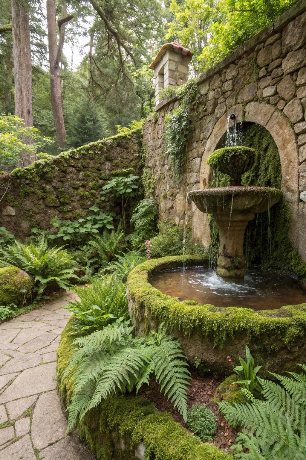 A rustic stone wall fountain seamlessly blends into its natural surroundings.