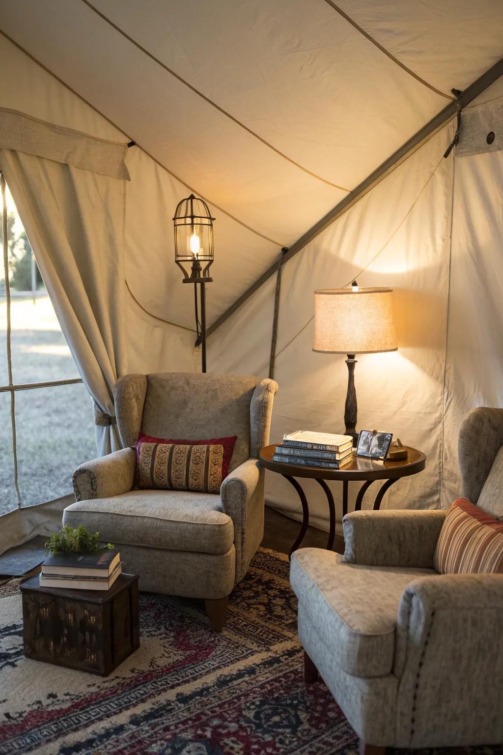 A wall tent interior featuring comfy armchairs and soft lighting, perfect for relaxation.