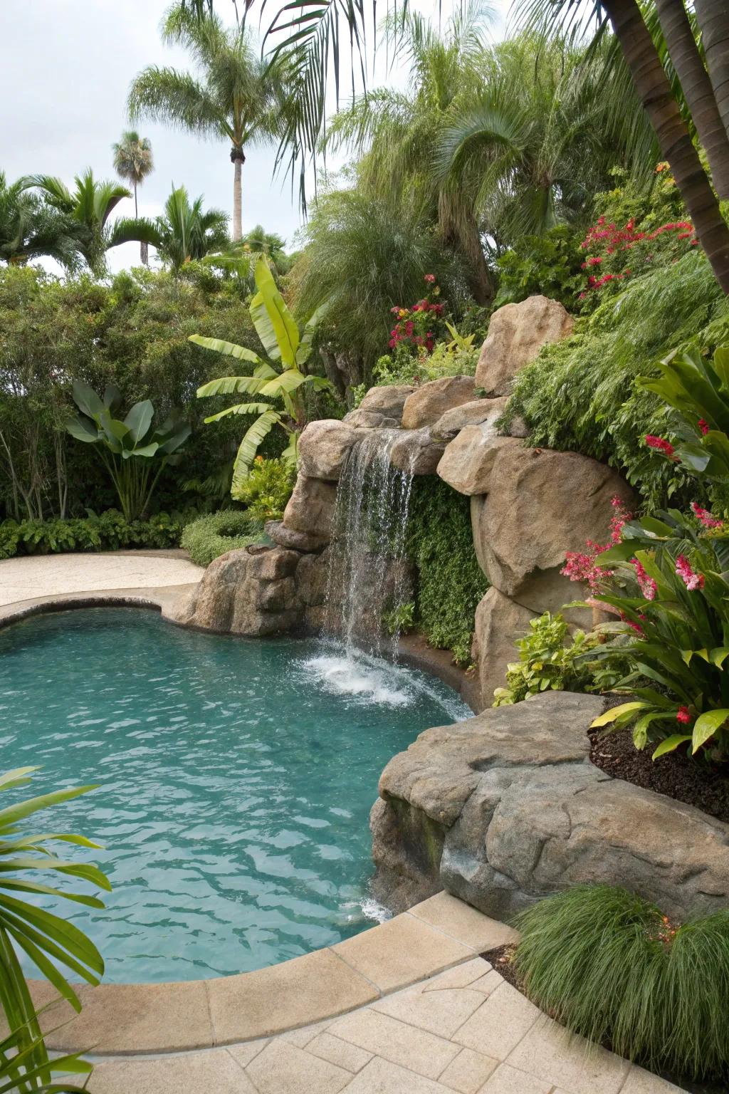 A natural rock waterfall brings a touch of the tropics to your backyard.