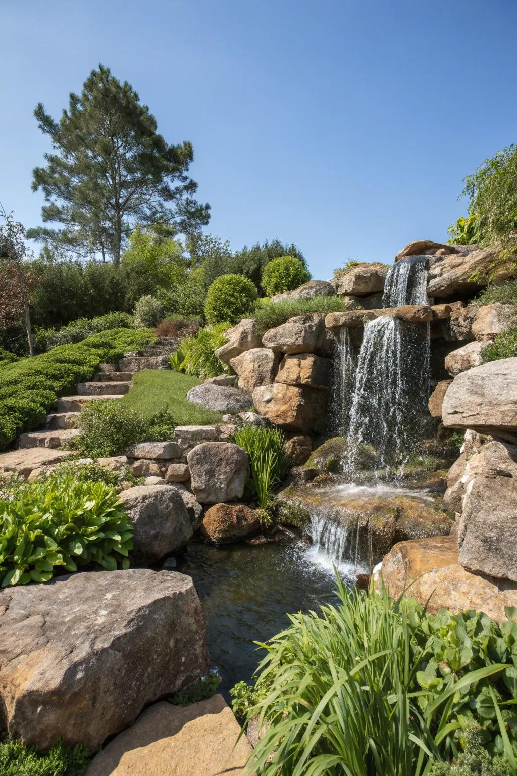 A natural rock waterfall brings the tranquility of a mountain stream to your garden.