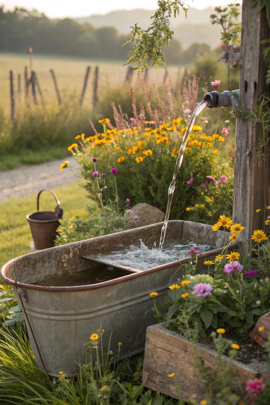 An antique trough turned into a charming garden fountain.