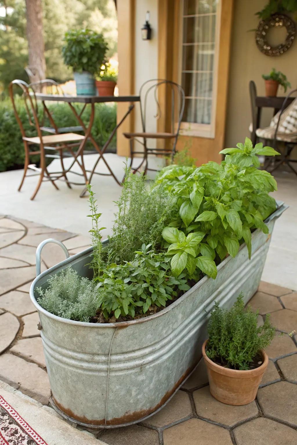 A rustic water trough herb garden on a patio.