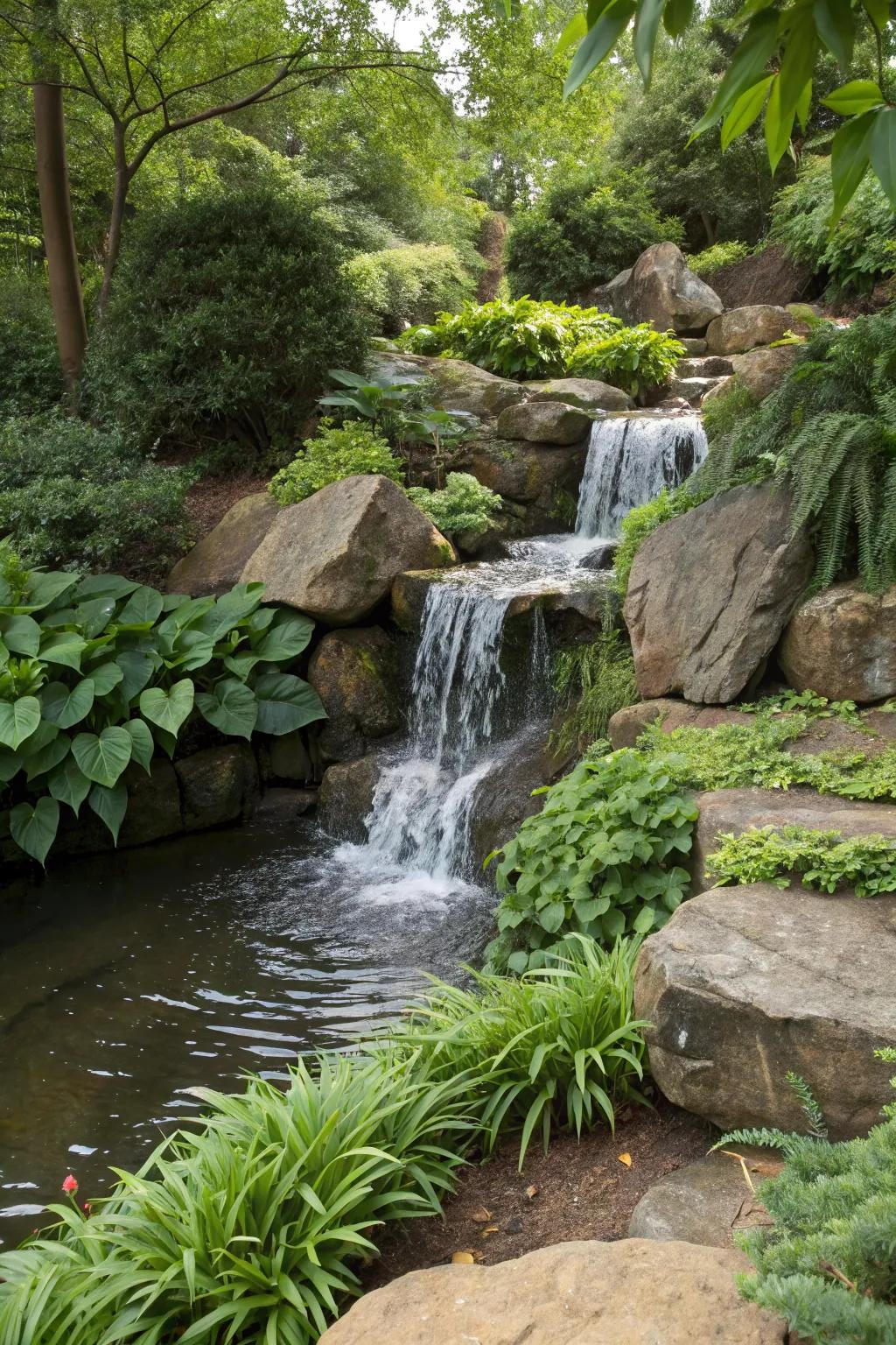 A small garden waterfall with water cascading over rocks, offering a peaceful ambiance.