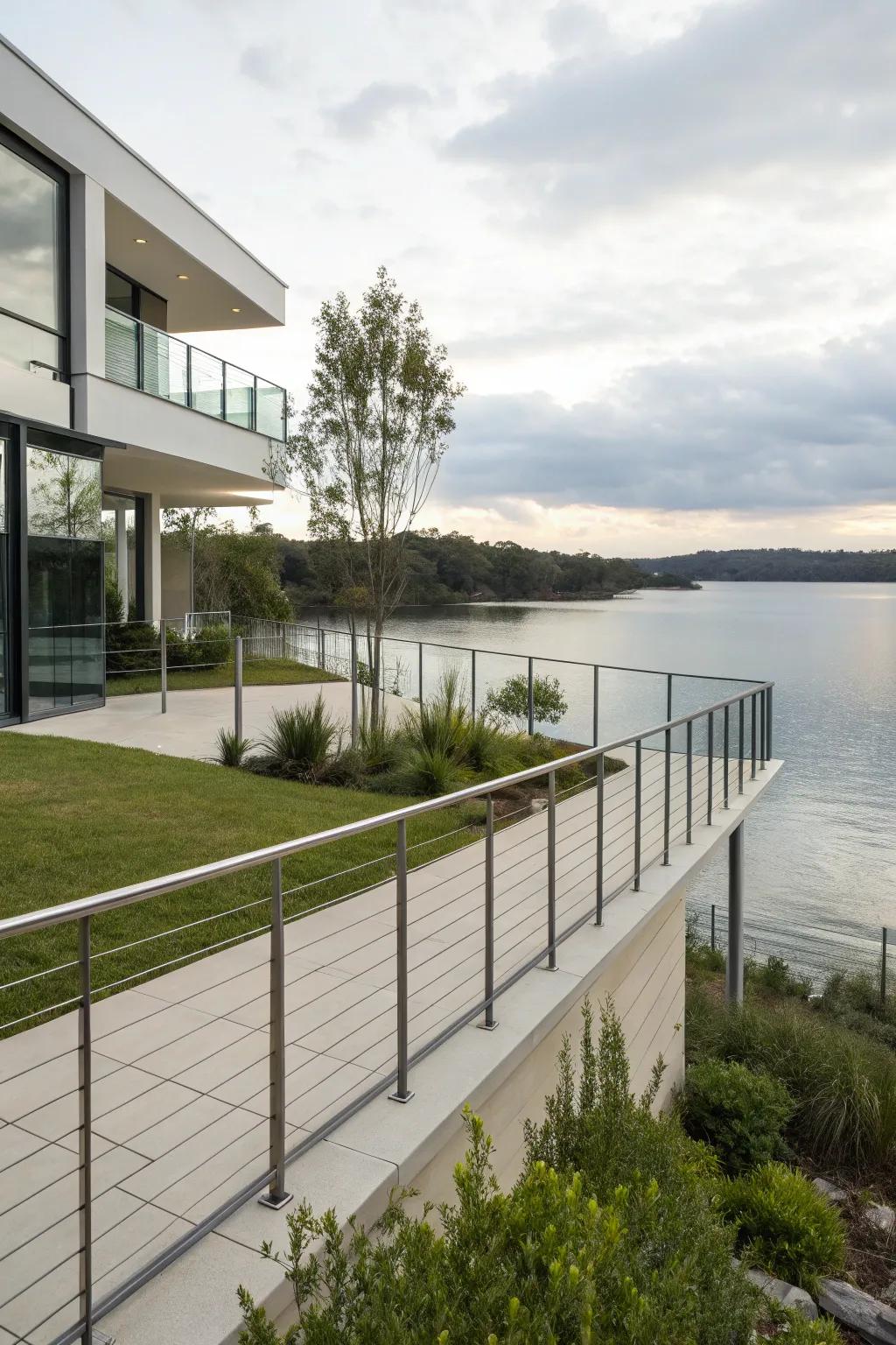 Minimalist metal fencing enhances this modern waterfront home.
