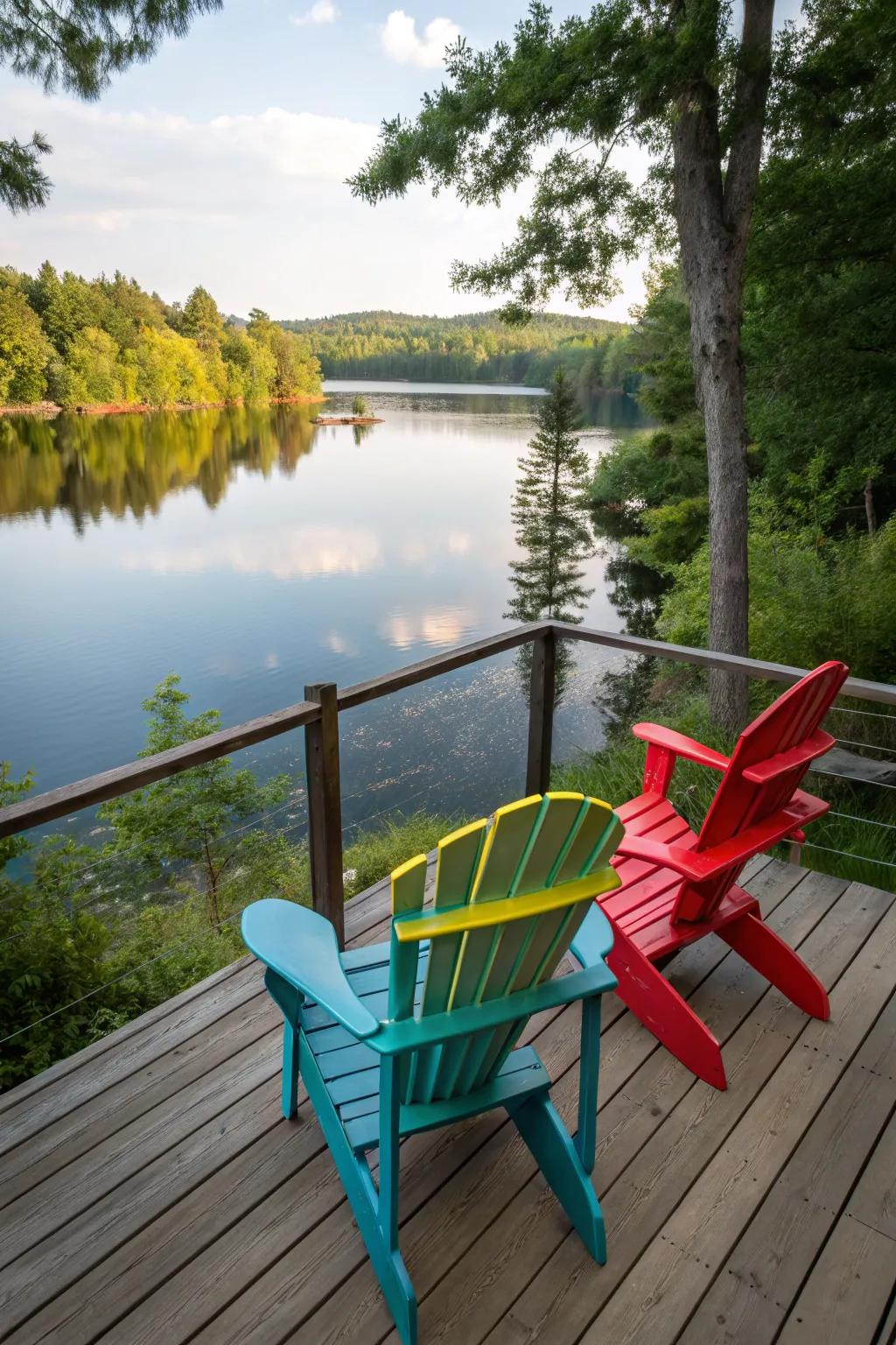 Classic Adirondack chairs provide a vibrant pop of color and comfort by the lake.