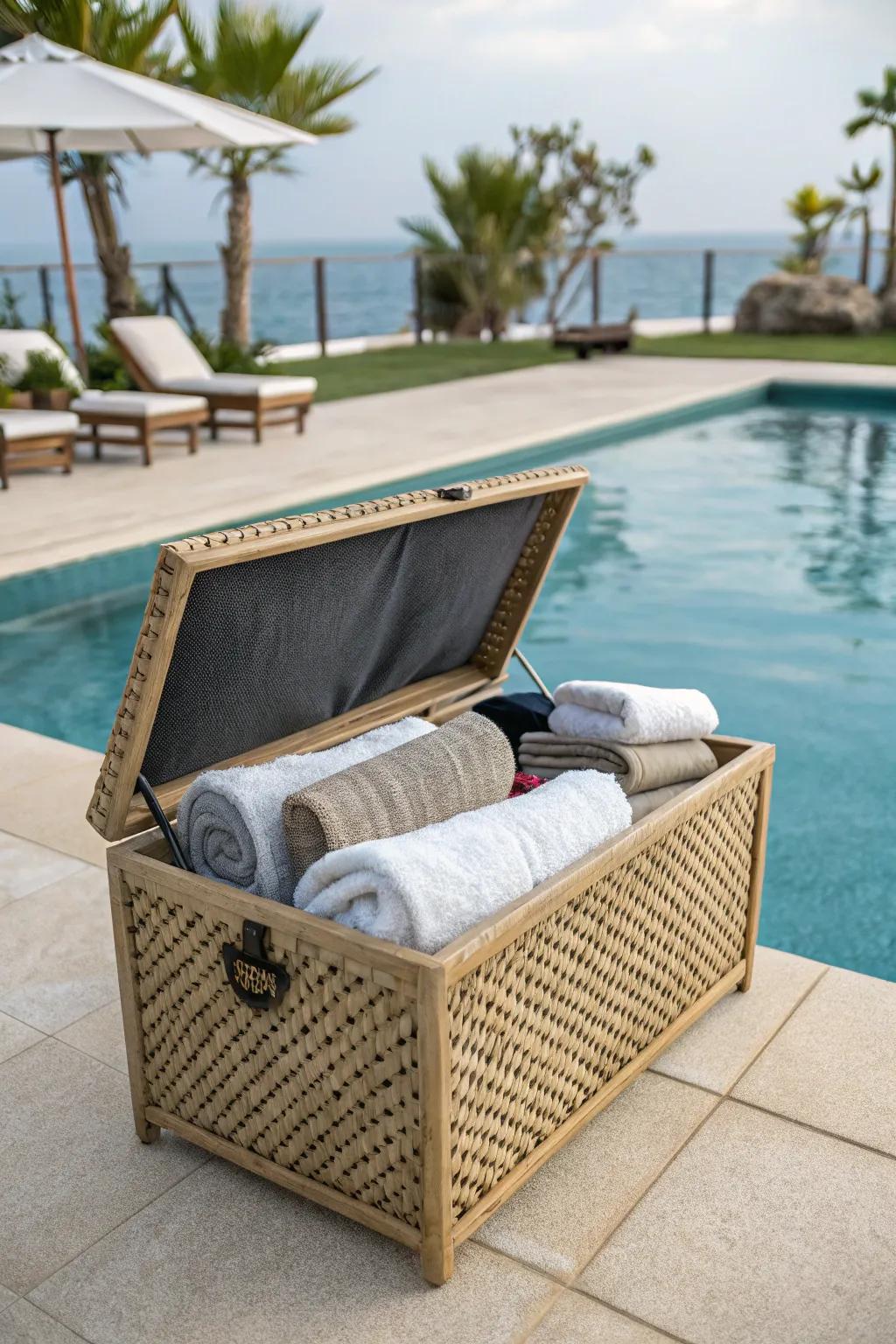 Rattan storage box adding charm to poolside towel storage.
