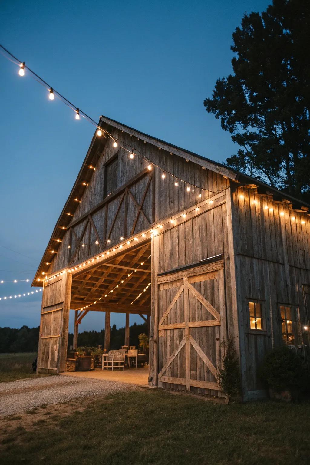 Rustic wooden beams with delicate fairy lights.