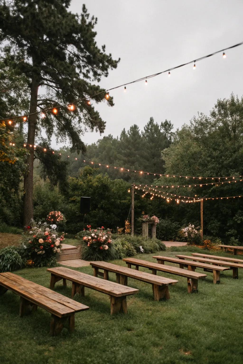 Rustic wooden benches beautifully complement a garden wedding setting.