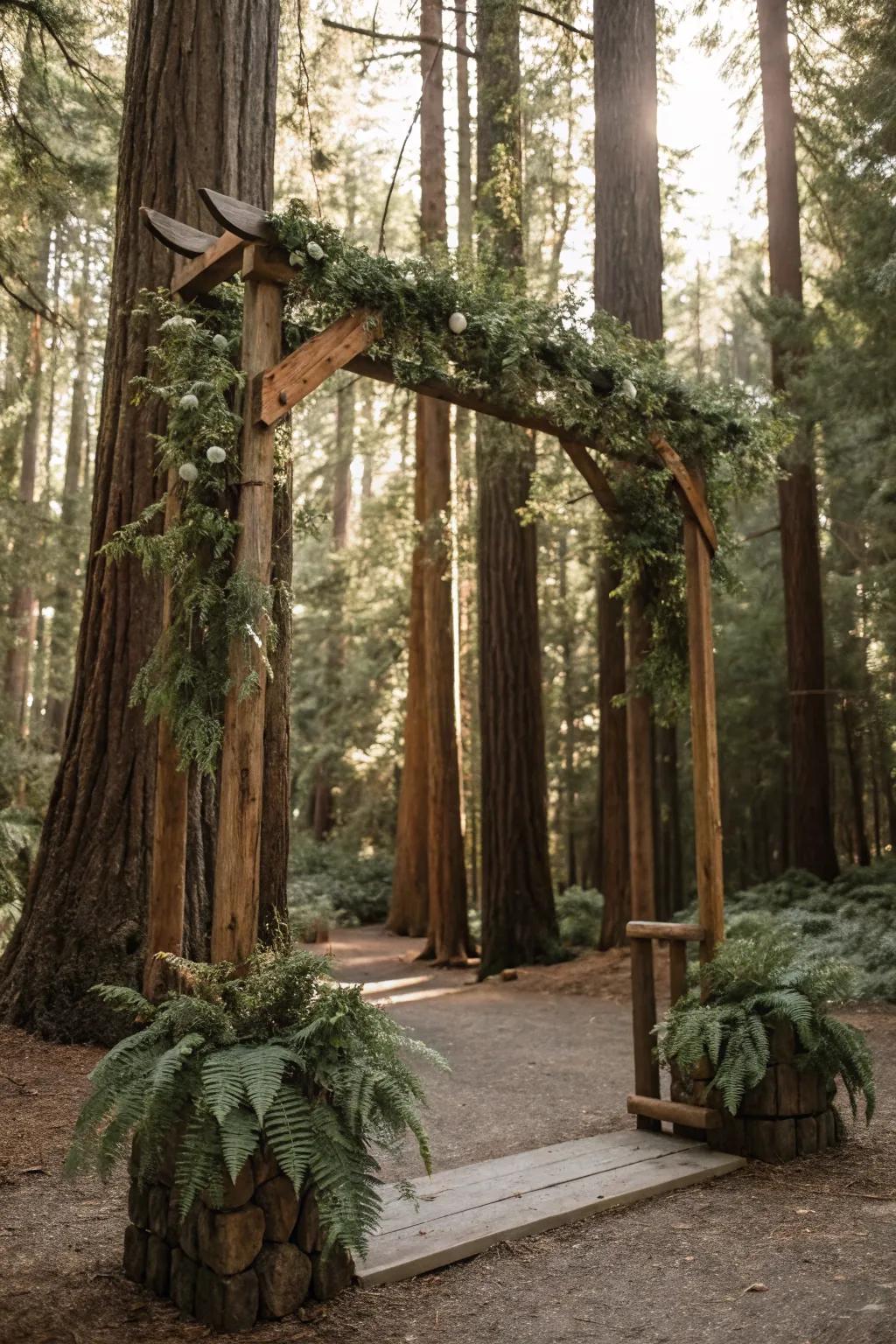 A charming wooden arch nestled in the forest, perfect for nature-loving couples.
