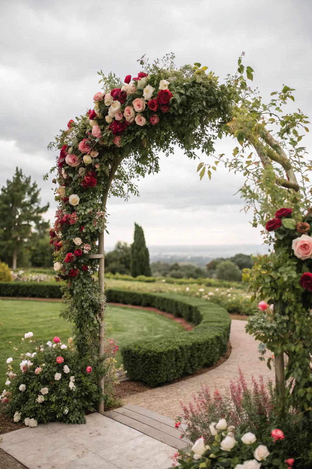 An inviting floral arch adorned with roses and greenery.