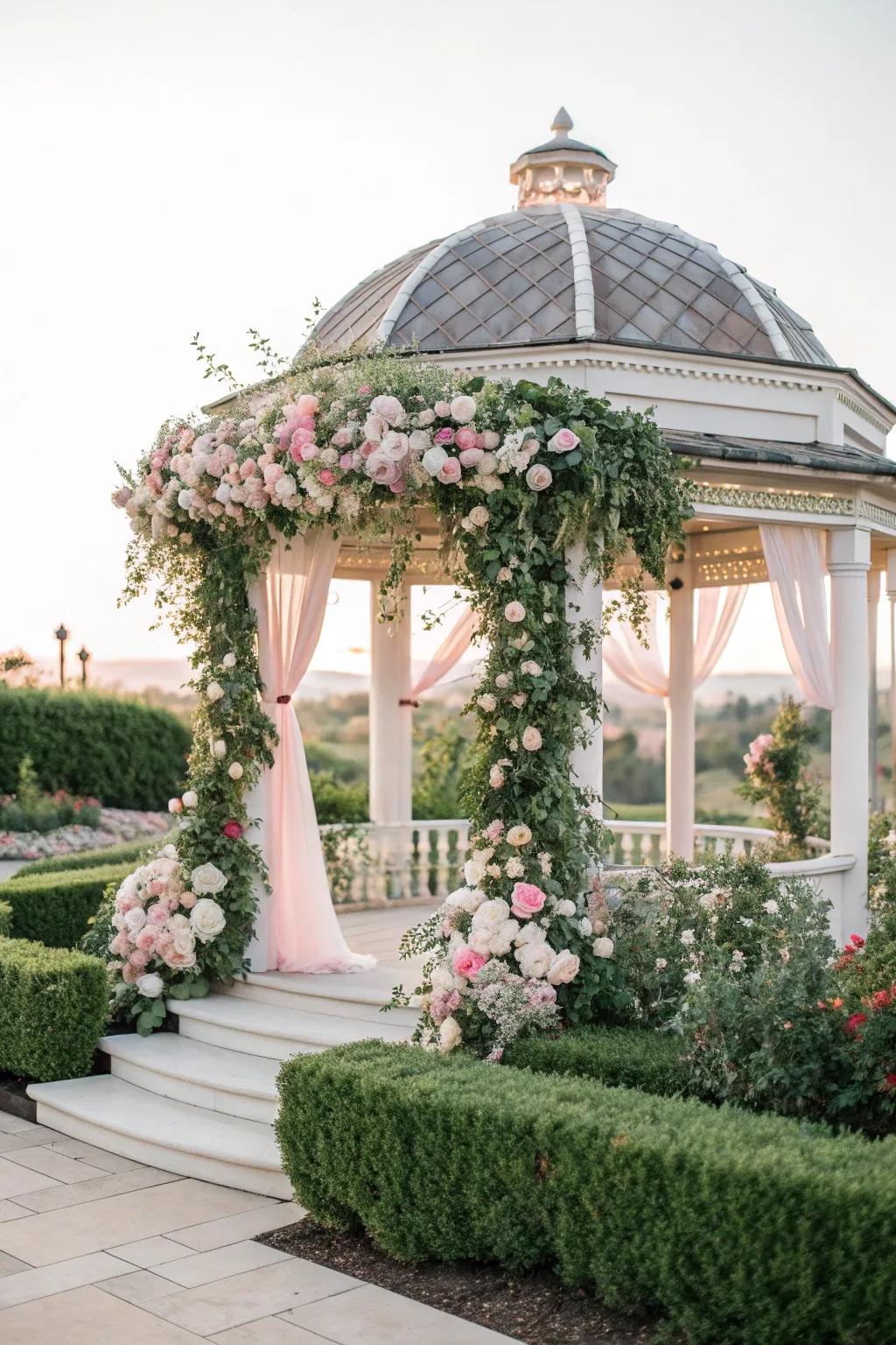 Floral arrangements bring elegance and romance to your wedding gazebo.