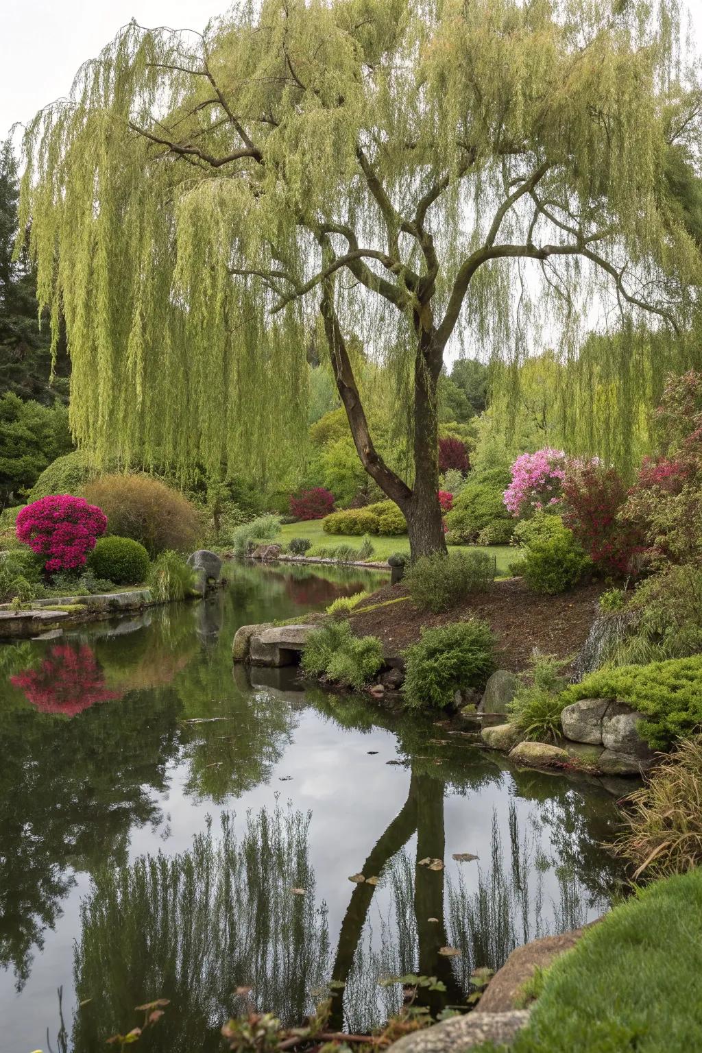 A weeping willow by the pond creates a mirror-like reflection, enhancing any garden's tranquility.