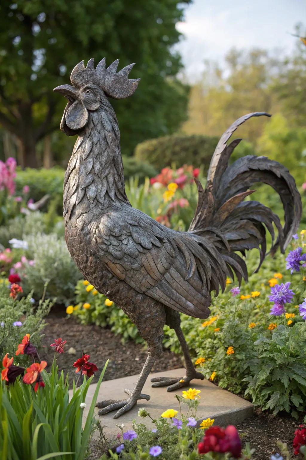 A metal rooster adds rustic charm to any garden.