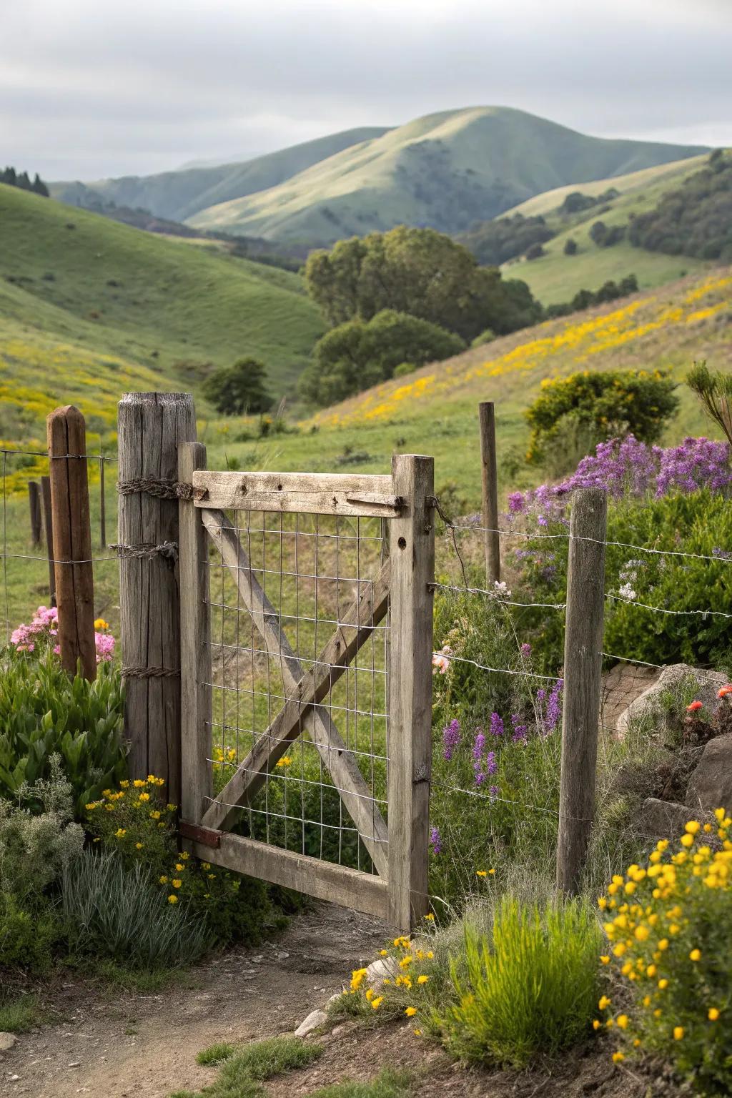 A rustic wooden gate with a welded wire touch blends seamlessly into a pastoral landscape.