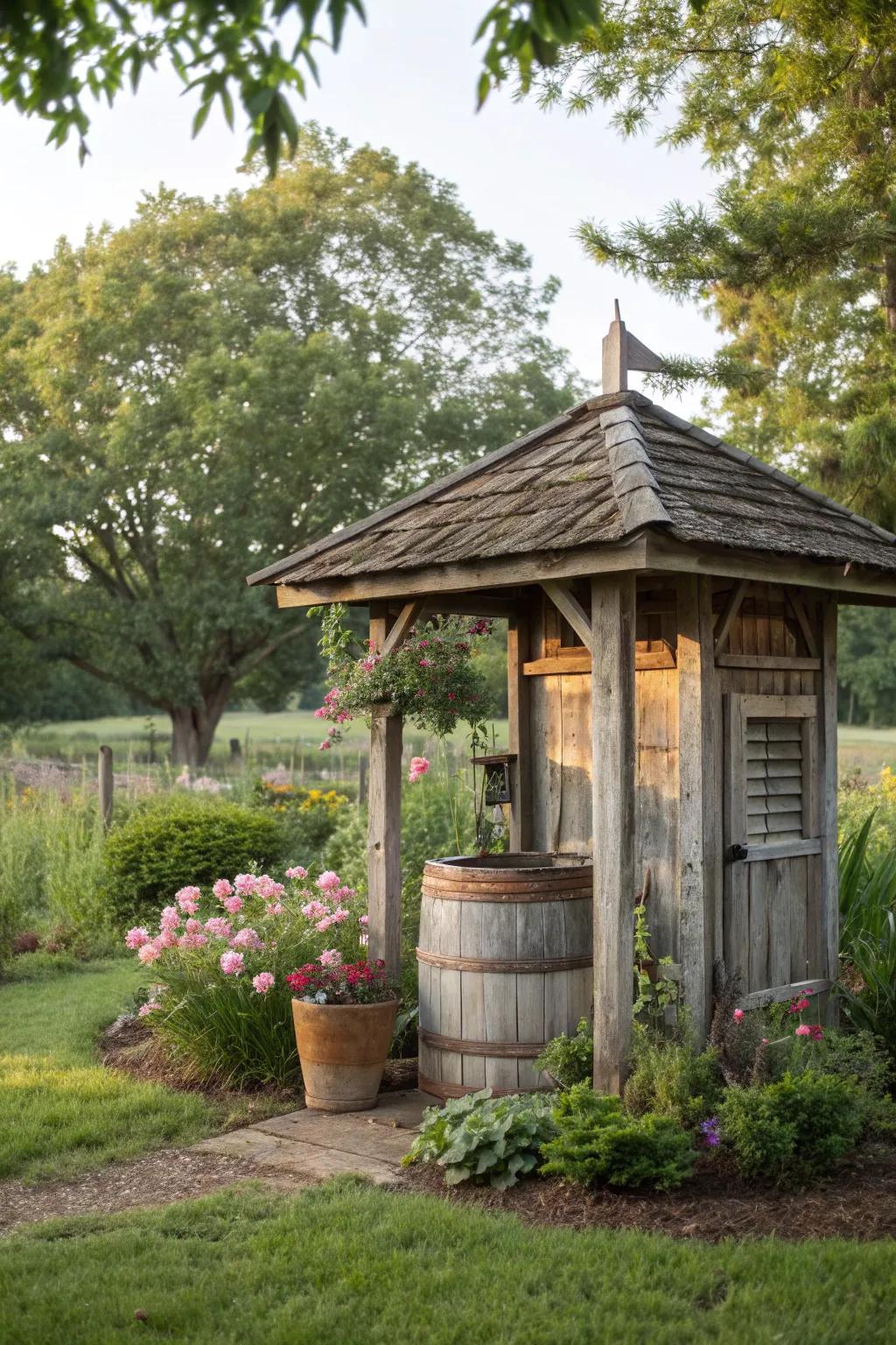 Rustic wood paneling adds vintage charm to this well house.