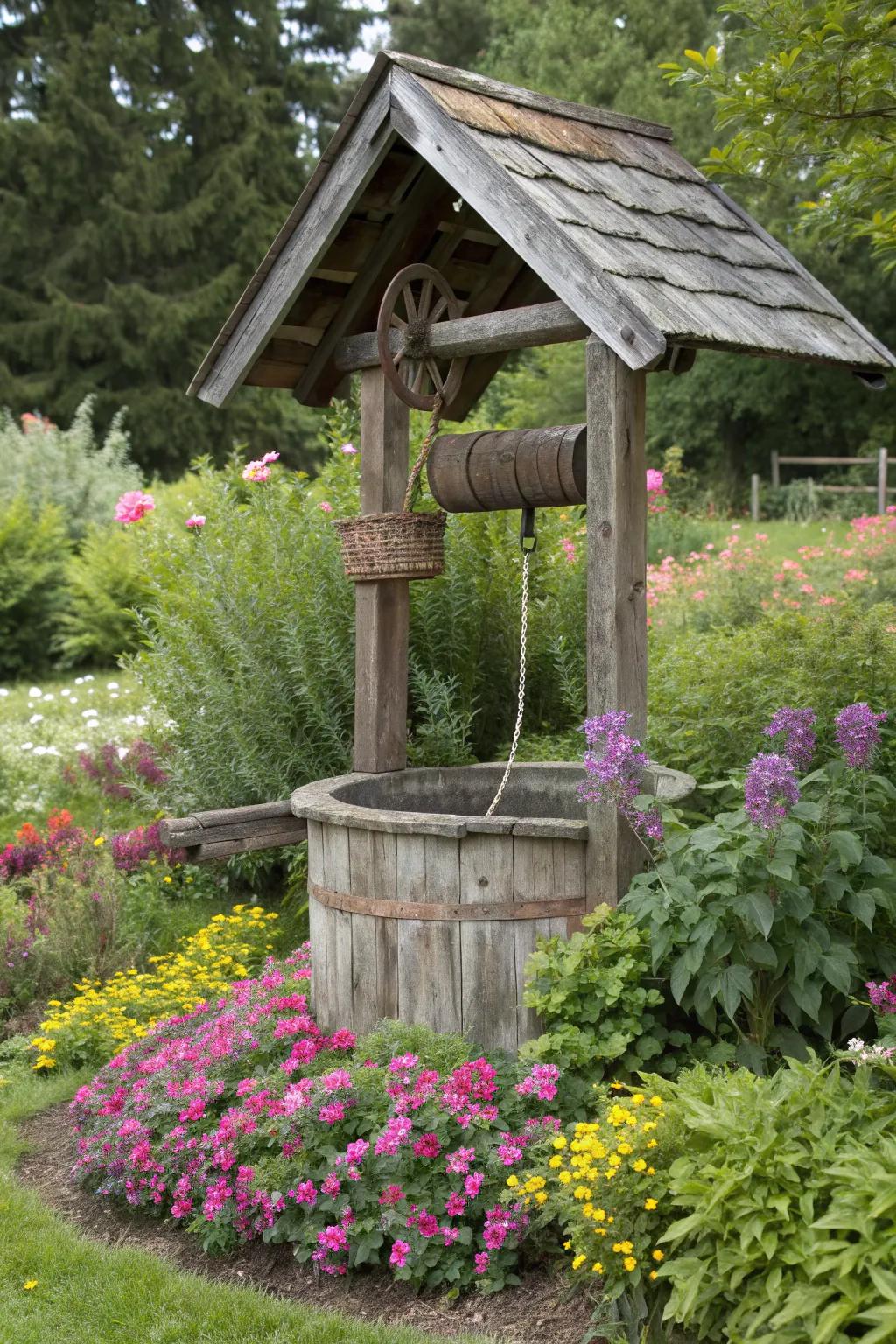 A rustic wooden well becomes the centerpiece of this vibrant garden.