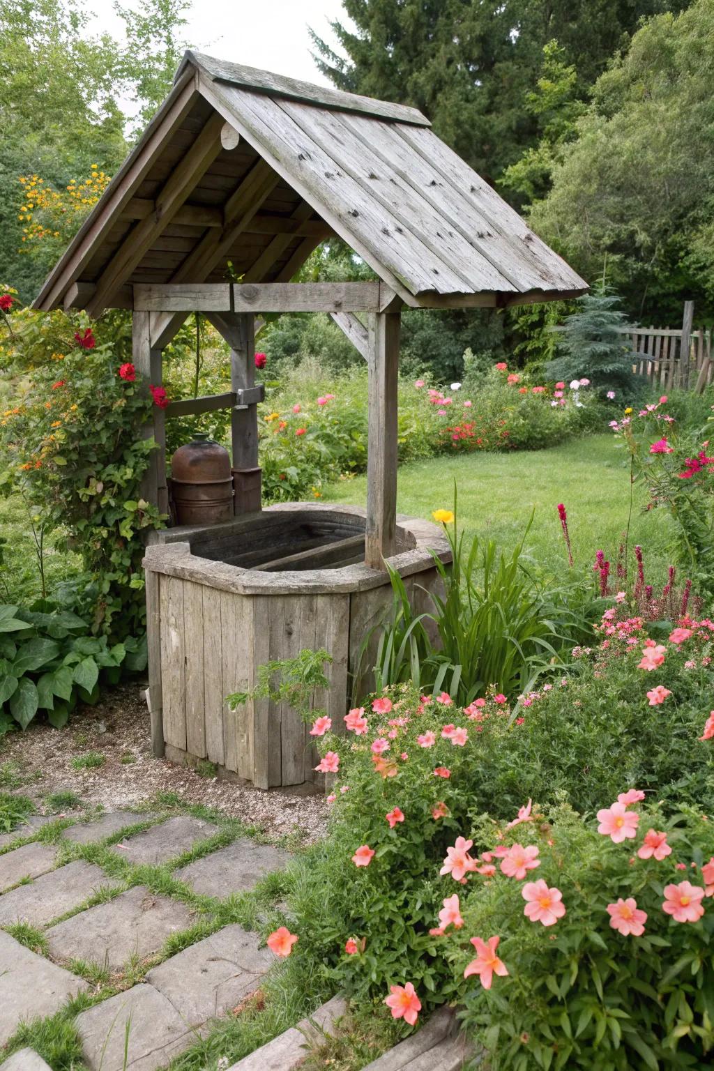 A rustic wooden cover adds charm and durability to your garden setup.