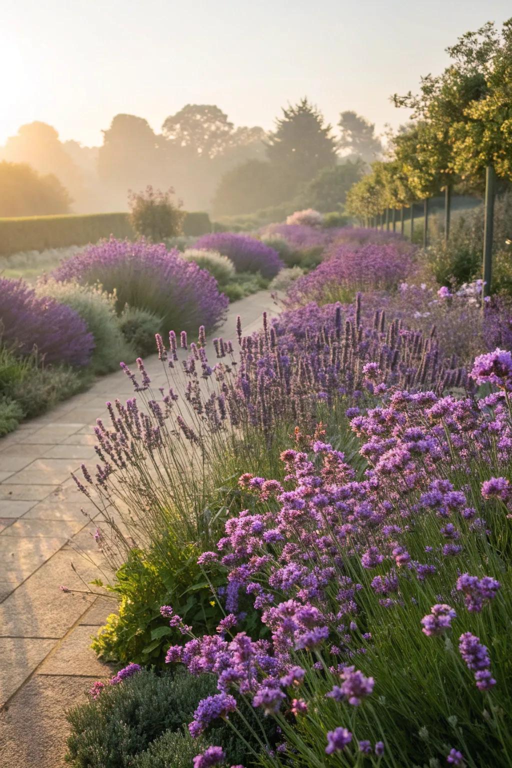 Lavender and verbena thriving in a sunny west-facing garden.