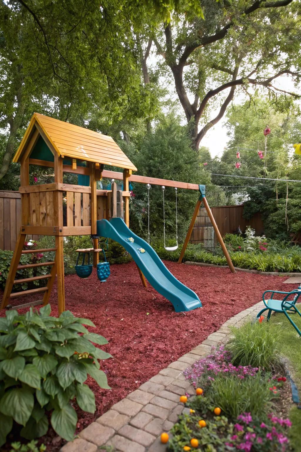 Rubber mulch adds vibrant color and safety under a backyard playset.