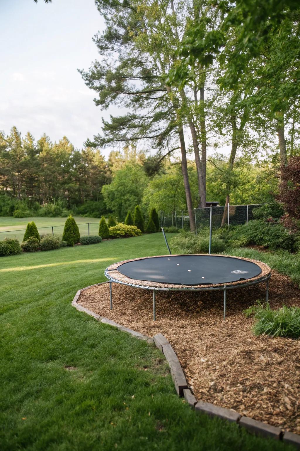 Mulch provides a soft, natural base under the trampoline.