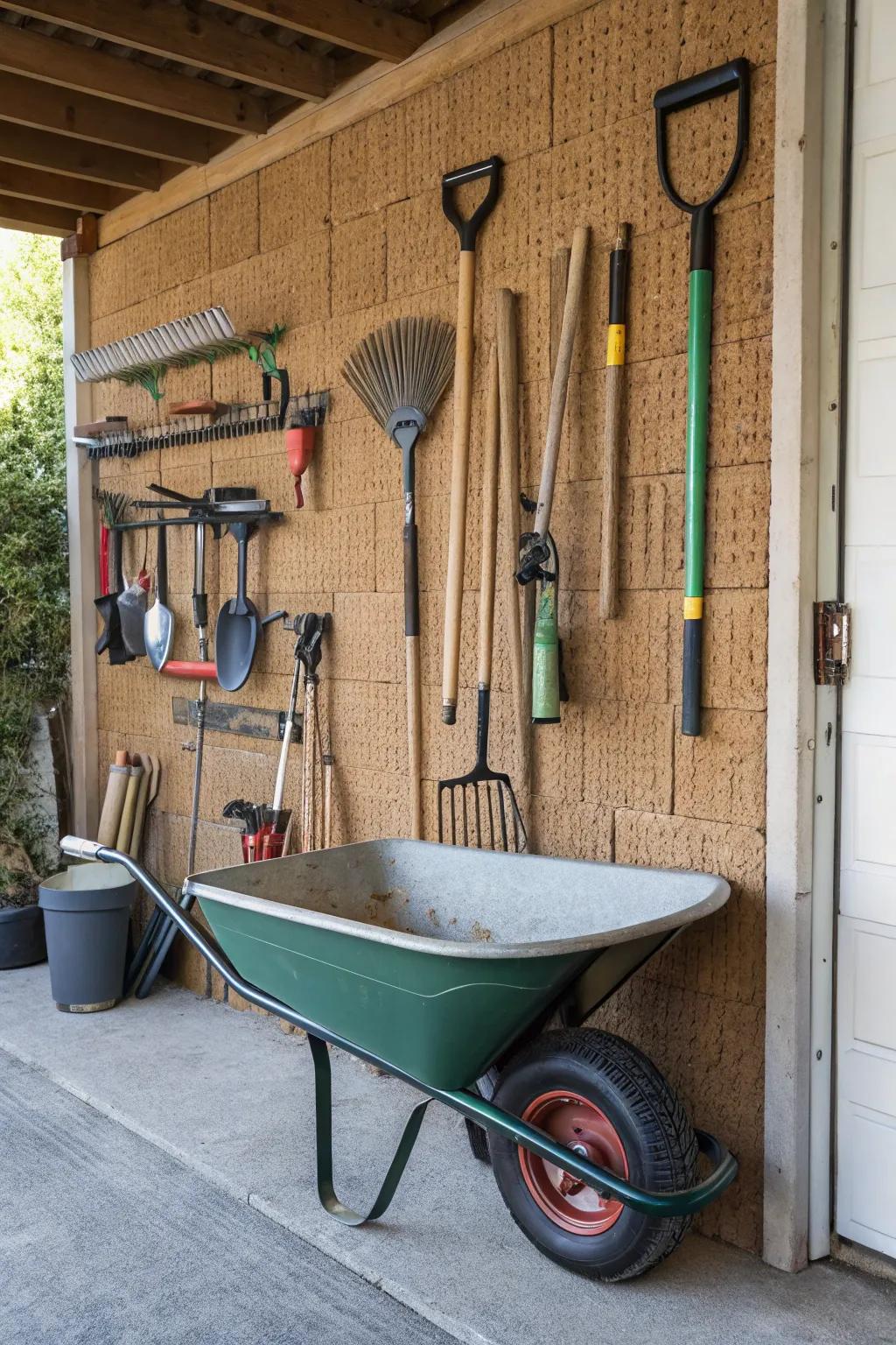 Wall-mounted hooks offer a space-efficient way to store your wheelbarrow.